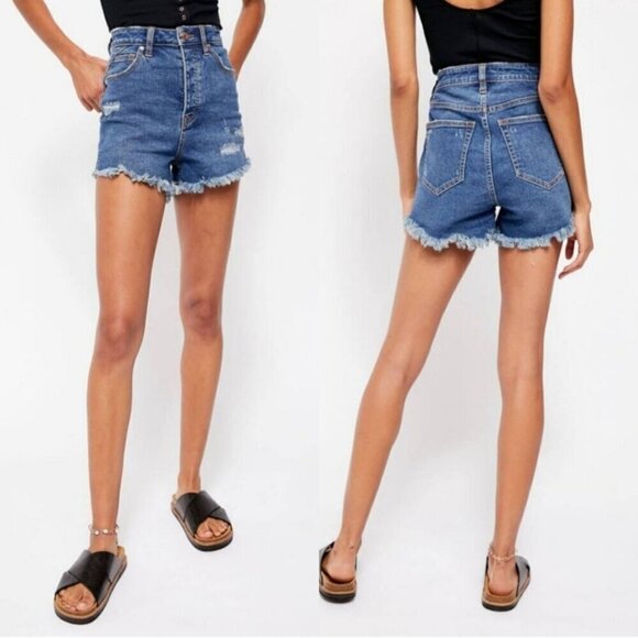 Free People We The Free Crvy Vintage High Rise Shorts Mid Wash Denim Cotton Blen - Picture 7 of 9